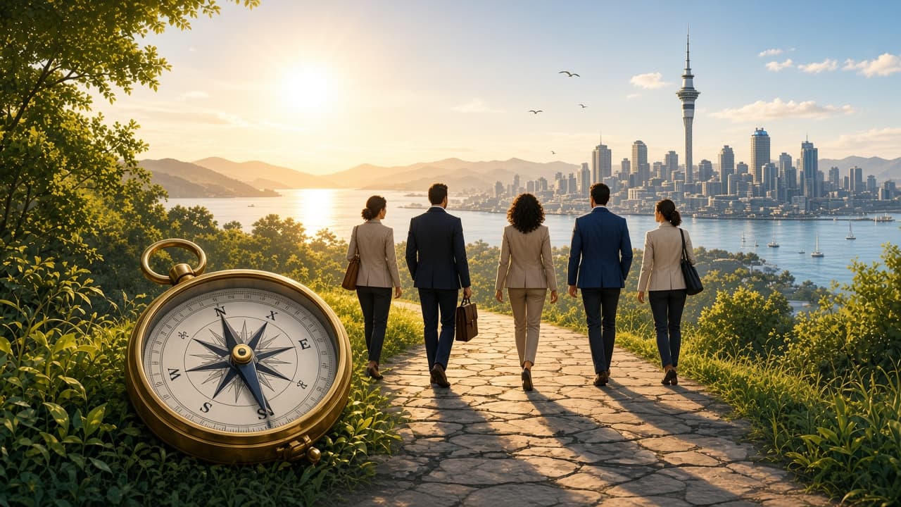 Realistic bright journey toward Auckland Sky Tower with a guiding compass